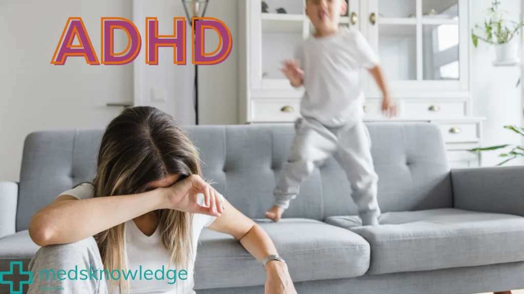 Woman with head in hand looking stressed as child jumps on couch with ADHD text overlay and Medsknowledge logo.