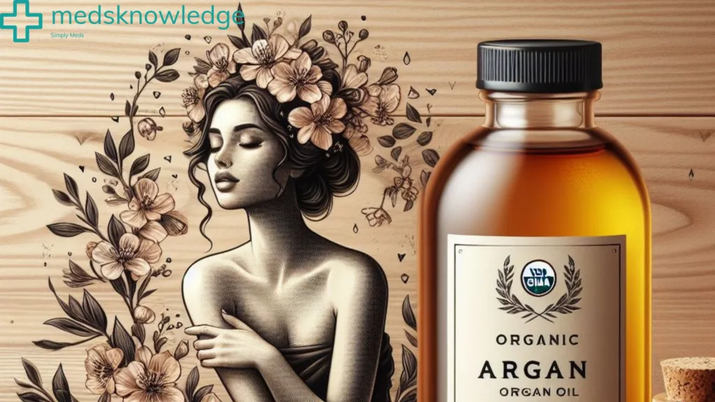 Organic Argan Oil Bottle Next to Artistic Illustration of Woman Surrounded by Flowers