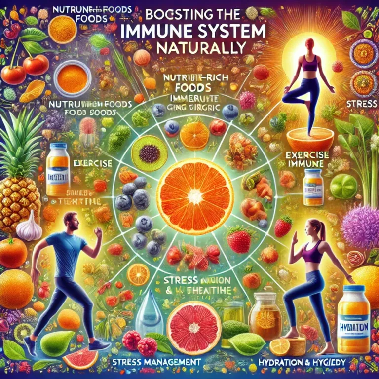 A vibrant and informative image illustrating natural ways to boost the immune system, featuring nutrient-rich foods, moderate exercise, stress management techniques, hydration, and the medsknowledge logo.