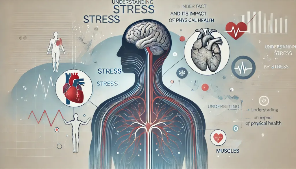 Image depicting the impact of stress on physical health with human silhouette highlighting affected areas such as brain, heart, and muscles, along with stress-related icons and the MedsKnowledge logo.