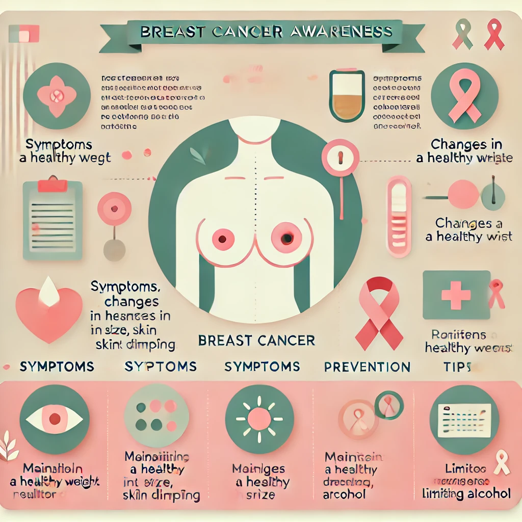 Infographic about breast cancer symptoms and prevention with a focus on a woman's chest, showing signs like lumps and skin changes, alongside tips on maintaining a healthy lifestyle.