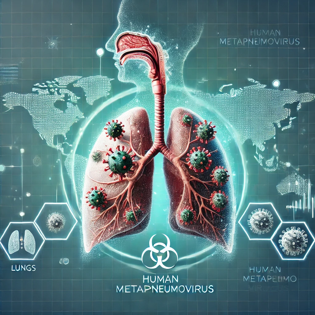 Medical illustration of the human respiratory system highlighting the lungs, viruses causing respiratory infections, and elements associated with Human Metapneumovirus (HMPV).