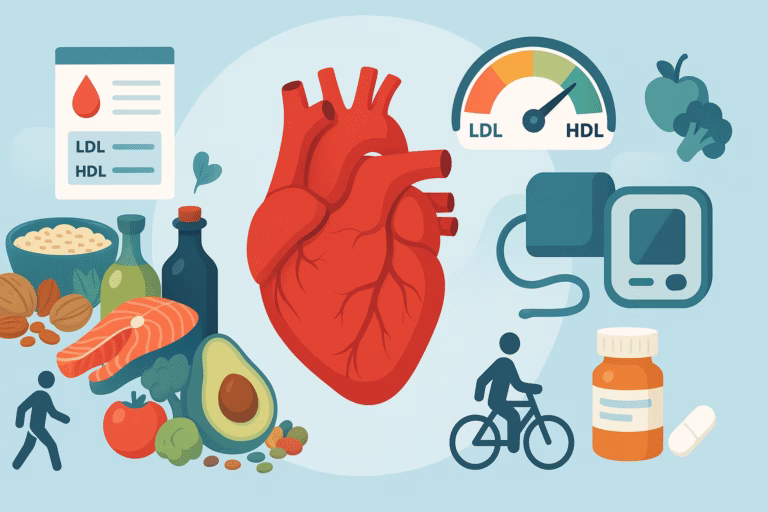 Flat illustration of a heart with LDL/HDL gauge, healthy foods, exercise, and medication icons showing practical ways to lower cholesterol.