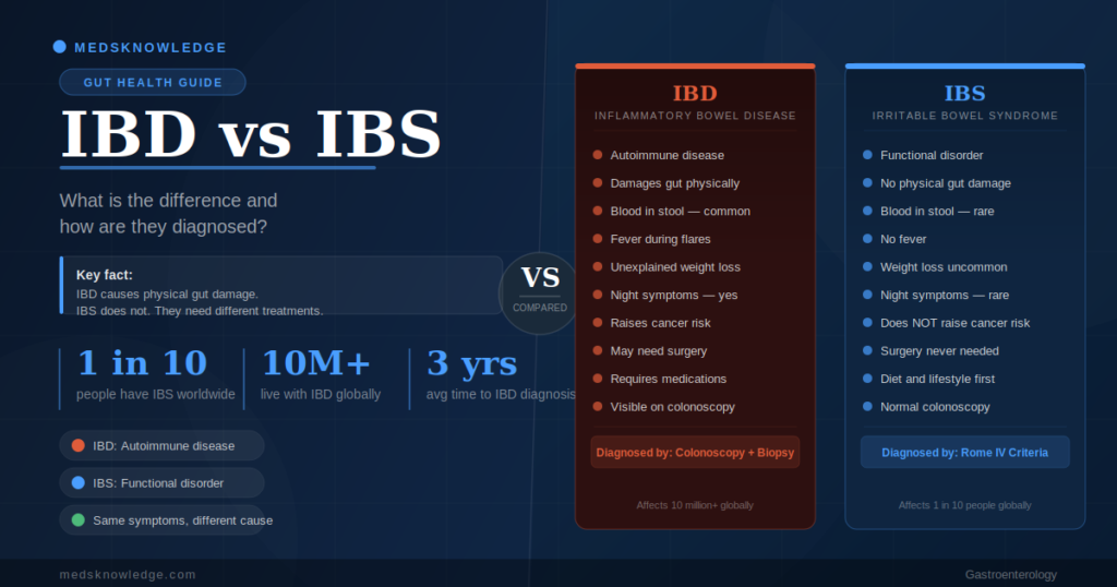 IBD vs IBS: What's the Difference and How Are They Diagnosed? 1 IBD vs IBS comparison chart showing key differences in symptoms and diagnosis